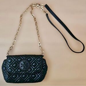 TORY BURCH Marion Quilted Mini Chain Crossbody Bag Black Leather Gold Strap